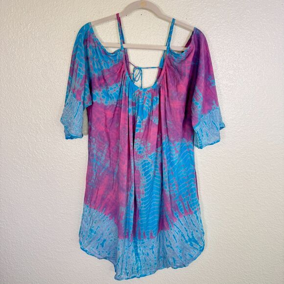 Sacred Threads Dress Women Medium Cold Shoulder Tie Dye Rayon Tunic Coverup Boho - Picture 1 of 11